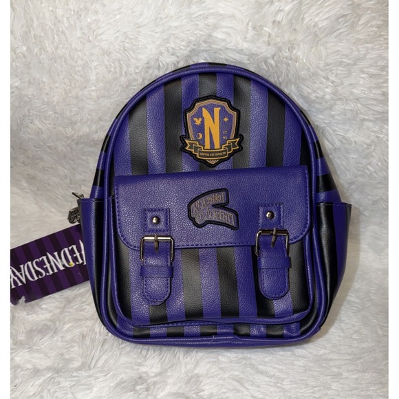 Wednesday Handbags - Innovations Wednesday Addams Nevermore Academy Striped Mini Backpack NEW Purple
